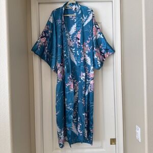 VTG Juguemm Japanese Saten Kimono Teal Floral Birds O/S‎ Robe Art to Wear Belted